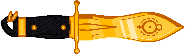 a golden knife with a black hilt and golden rings decorating it.